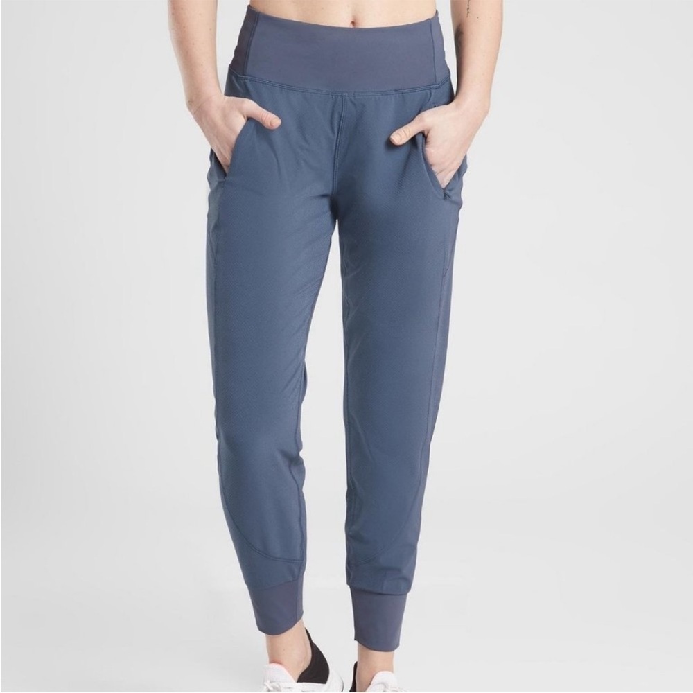 Athleta Dobby Iron Blue Zipper Pocket High Rise Distance Joggers 510223 EUC Sz S